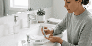 Woman performing a home H. pylori test with a test kit on bathroom counter.